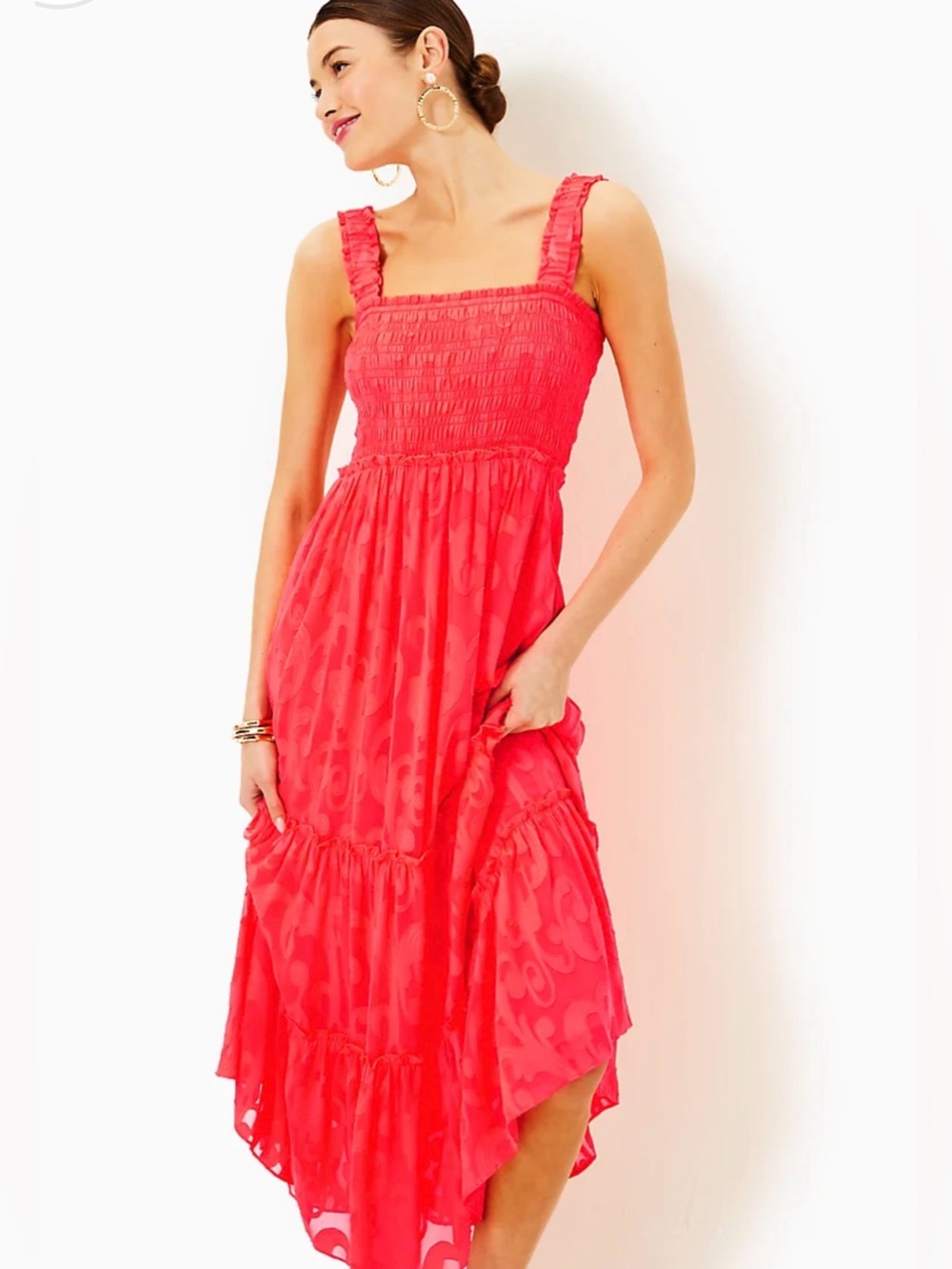 Lilly Pulitzer HADLY SMOCKED MAXI DRESS, MIZNER RED POLY CREPE SWIRL CLIP Large